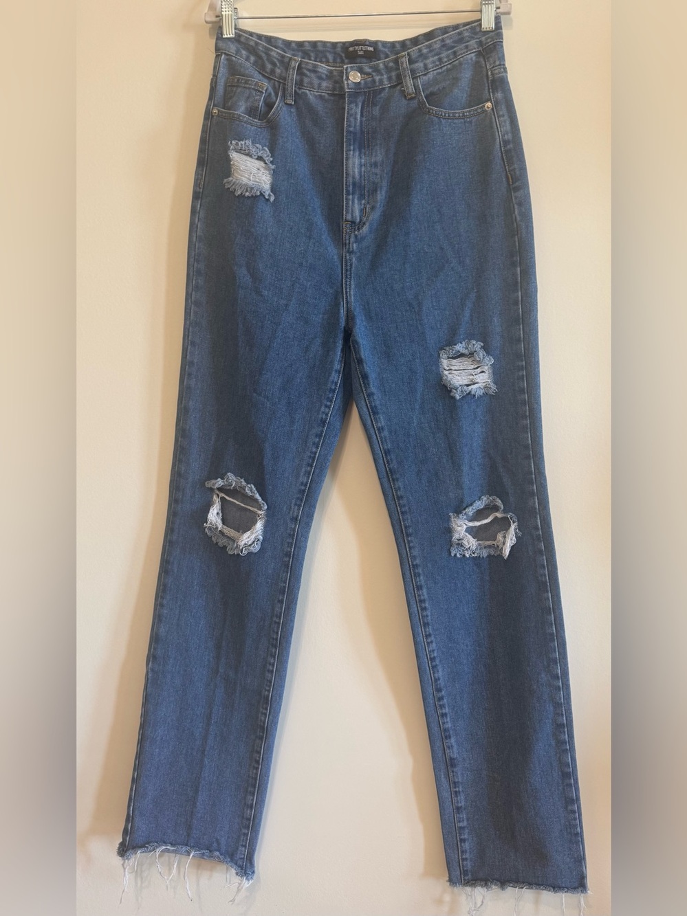 Pretty Little Thing Women's Tall High-Rise Distressed Raw Hem Blue Jeans Size 12